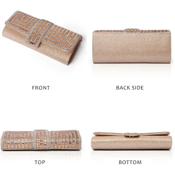 Womens Gold Crystal Sparkly Evening Clutch Purse with Rhinestones Wedding - Picture 4 of 6